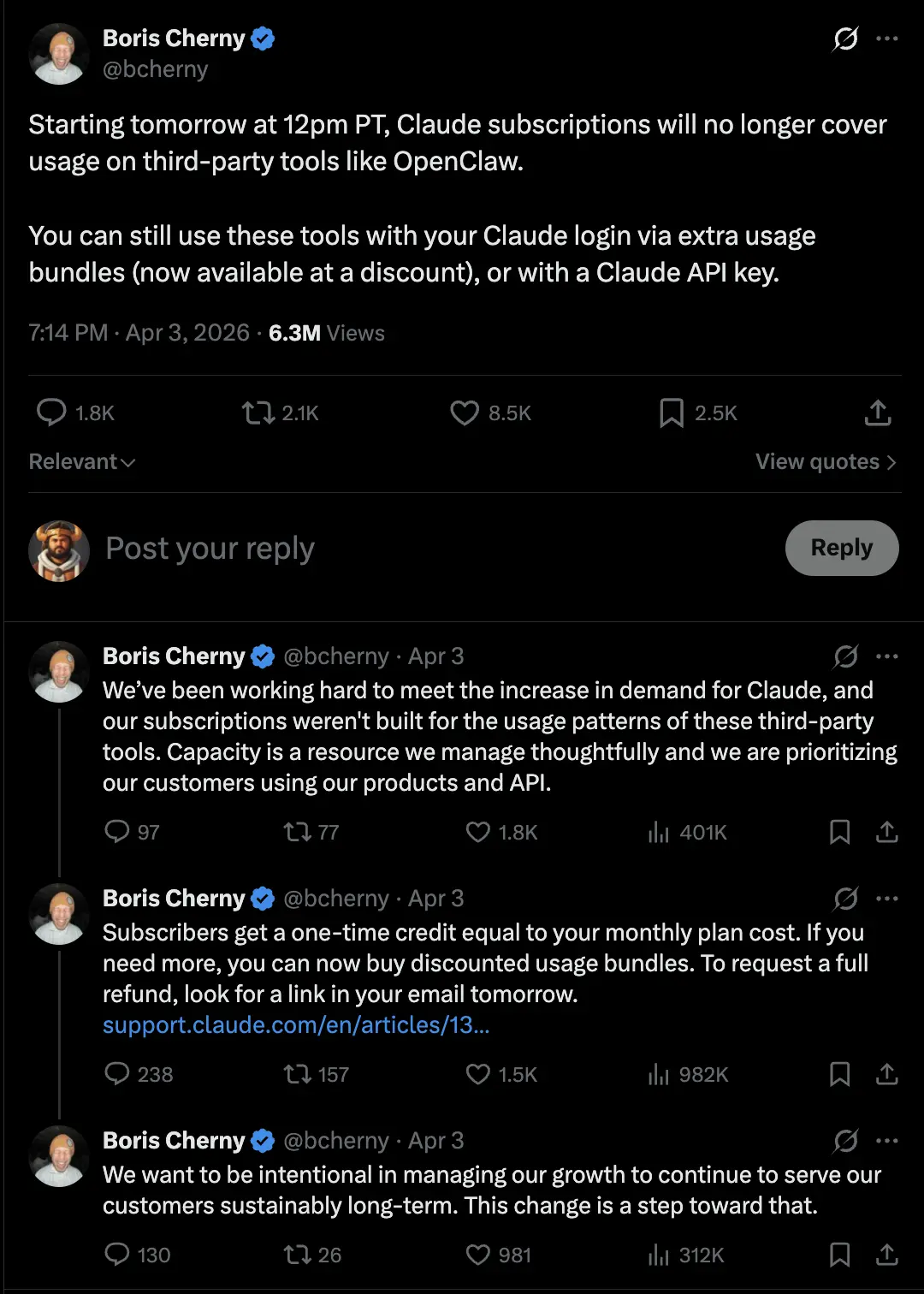 Boris Cherny post about OpenClaw and Claude subscription