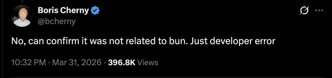 Boris Cherny's X post about the Bun bug and the leak