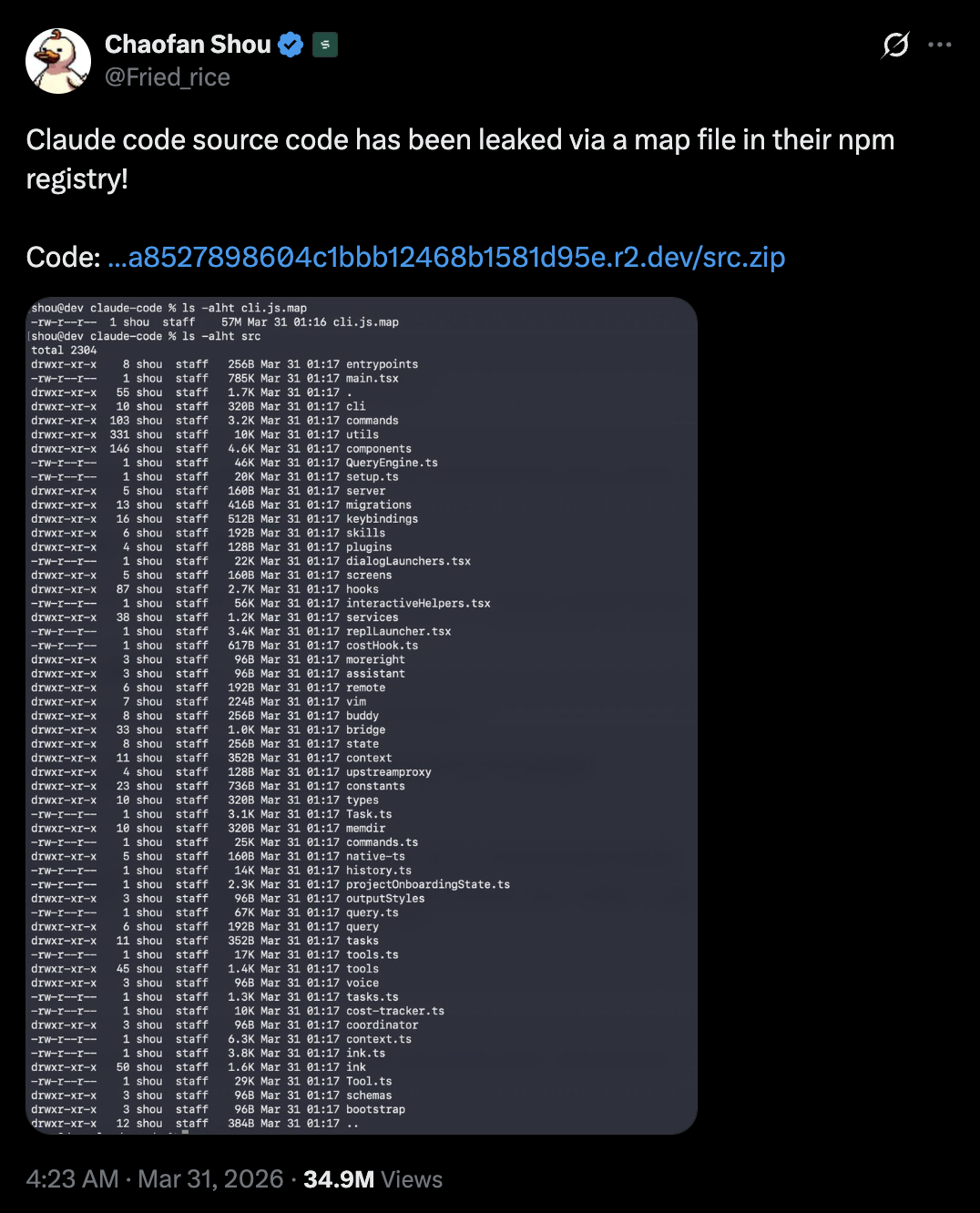 Chaofan Shou's X post with a link to download the code