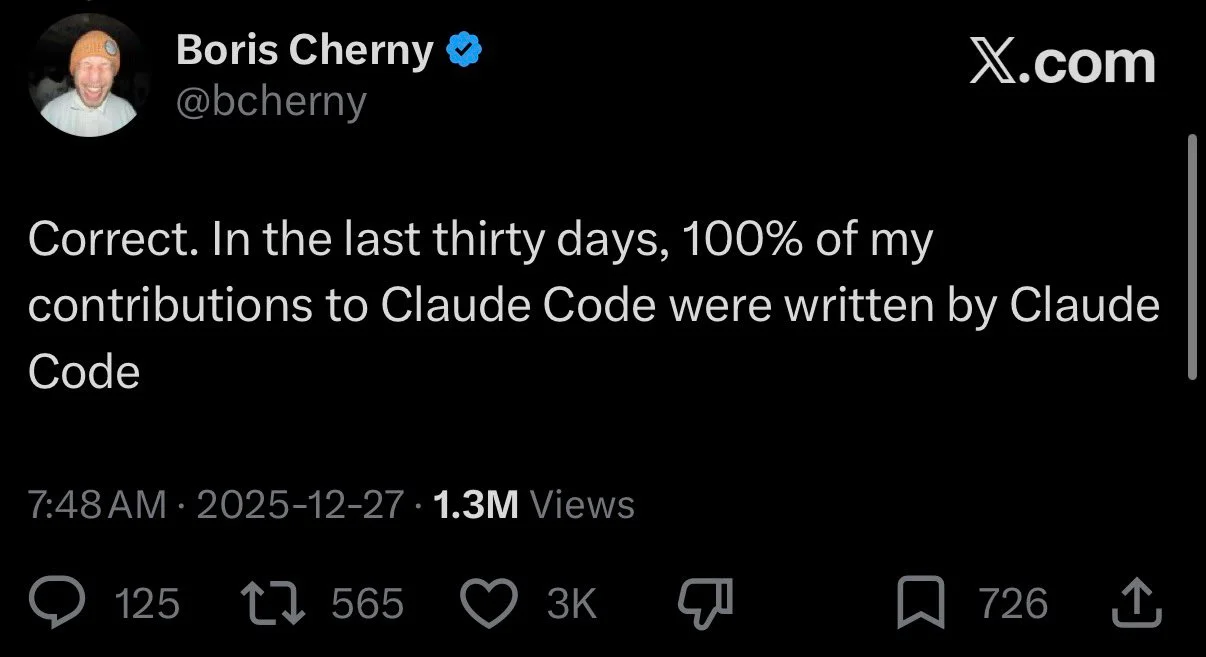 Boris Cherny post about contributions to Claude Code written by Claude itself