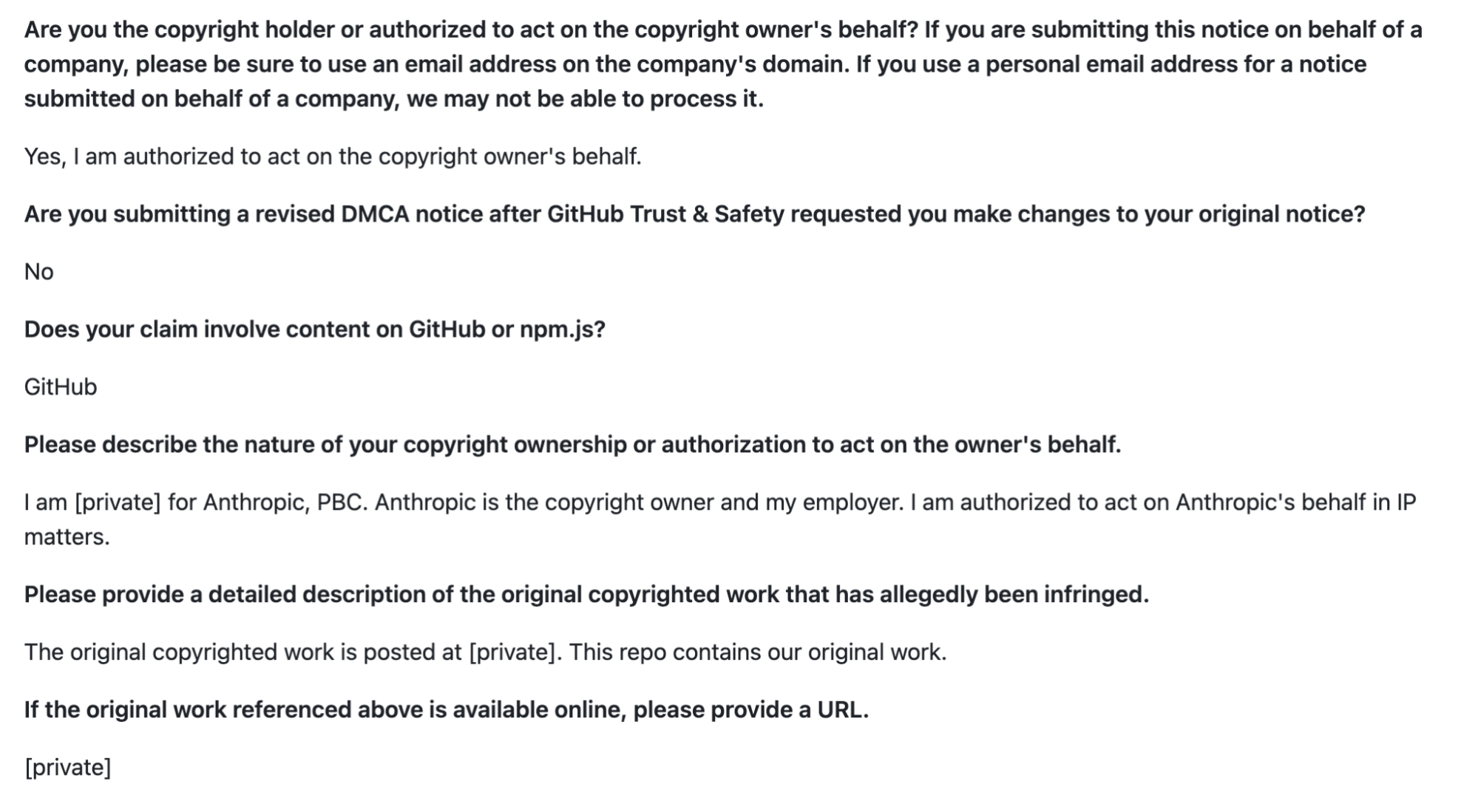 Anthropic DMCA filing in the GitHub dmca repo